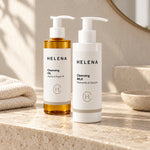 Helena Cleansing Oil og Cleansing Milk i lyst skandinavisk baderom