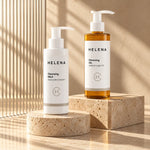 Comfort Cleanse Duo med renseolje og rensemelk på travertin